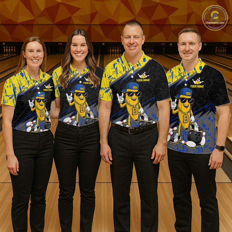 Four people wearing matching bowling shirts with a logo on a bowling alley.