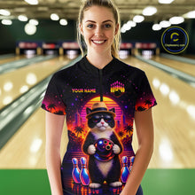 Load image into Gallery viewer, Custom Funny Neon Cat Bowling Jersey for Women Bowling Tournament Polo &amp; 1/4 Zip Bowling Team Shirts HNT210