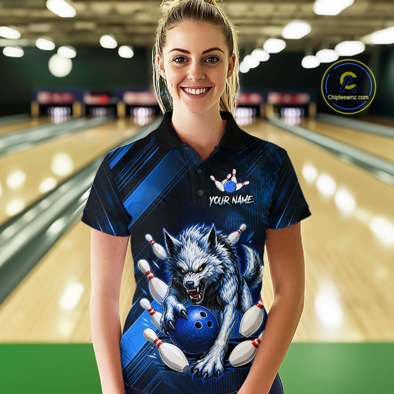 Wolf Bowling Shirts for Women Custom Blue Wolf Bowling Team Jersey Bowling League HNT284