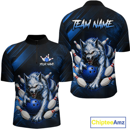 Wolf Bowling Shirts for Men Custom Blue Wolf Bowling Team Jersey Bowling League HNT284
