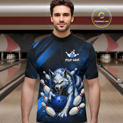 Wolf Bowling Shirts for Men Custom Blue Wolf Bowling Team Jersey Bowling League HNT284