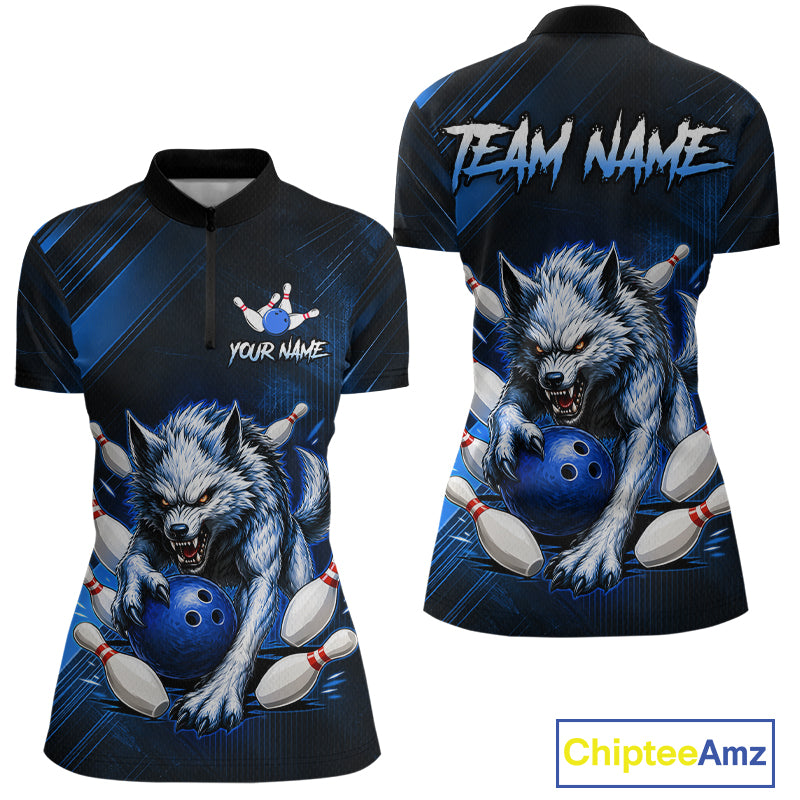 Wolf Bowling Shirts for Women Custom Blue Wolf Bowling Team Jersey Bowling League HNT284