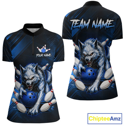 Wolf Bowling Shirts for Women Custom Blue Wolf Bowling Team Jersey Bowling League HNT284