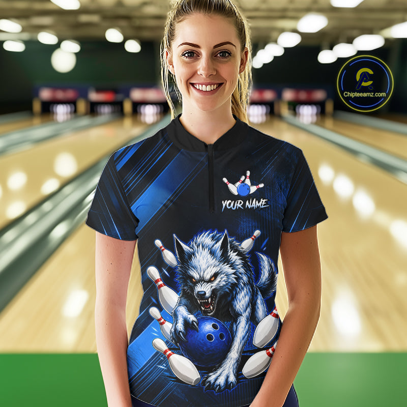 Wolf Bowling Shirts for Women Custom Blue Wolf Bowling Team Jersey Bowling League HNT284