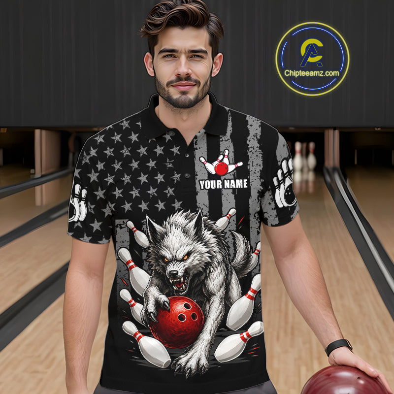 US Flag Wolf Bowling Shirts for Men Custom Wolf Bowling Team Jersey Bowling League HNT285