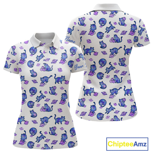 White polo shirt with blue cat pattern on a white background, featuring the brand 'Chiptee Amz'.