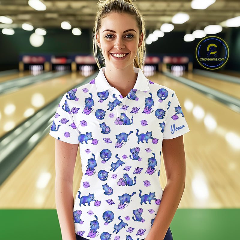 Woman wearing a cat patterned shirt in a bowling alley