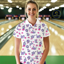 Load image into Gallery viewer, Woman wearing a cat patterned shirt in a bowling alley