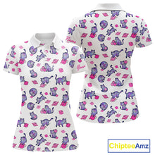 Load image into Gallery viewer, White polo shirt with pink cat pattern and 'Chiptee Amz' branding