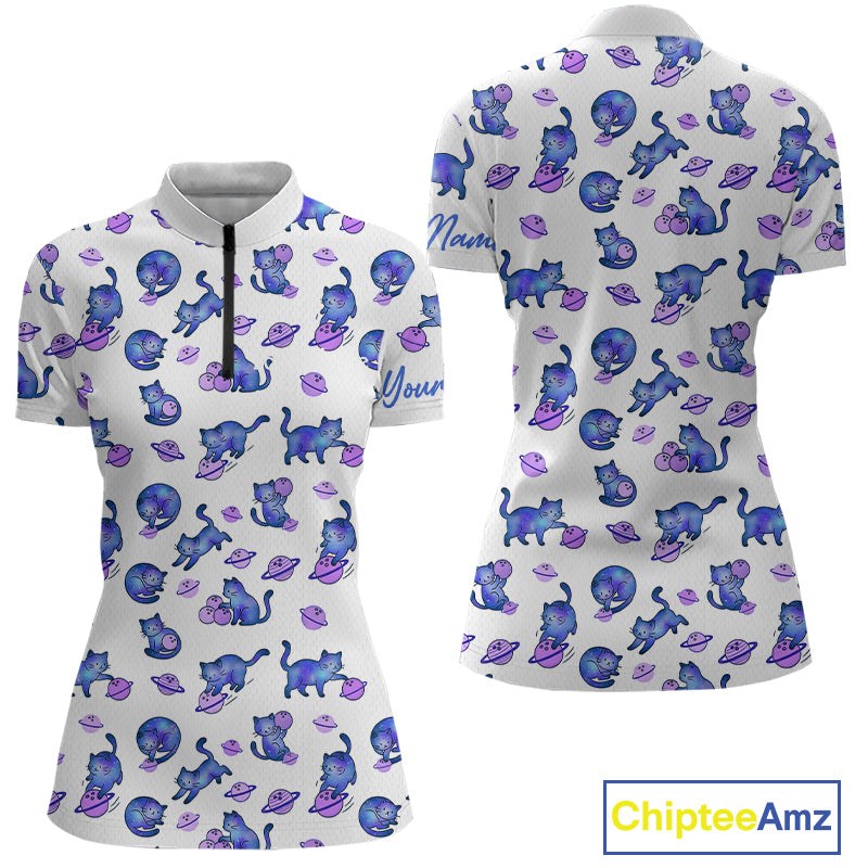 White shirt with blue cat pattern on a white background, featuring 'Chiptee Amz' branding.