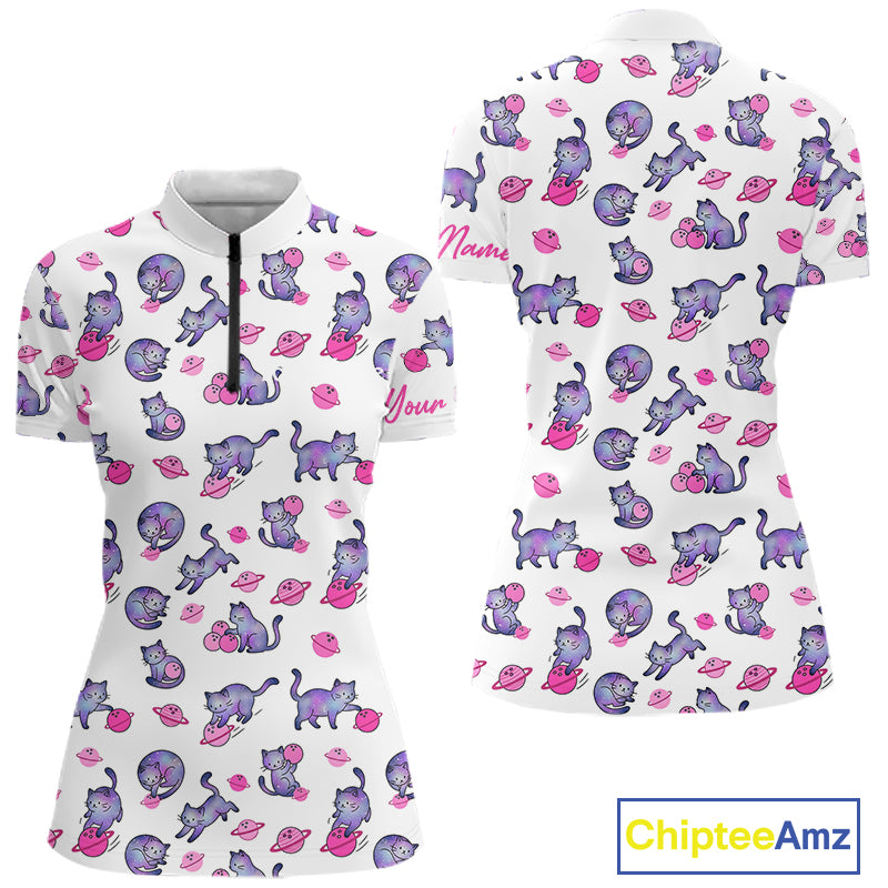 White quarter zip shirt with pink cat pattern and 'Chiptee Amz' branding