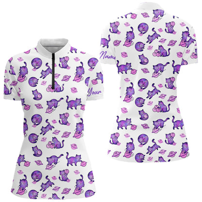 Women polo shirt with purple cat pattern on a white background
