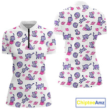 Load image into Gallery viewer, White quarter zip shirt with pink cat pattern and 'Chiptee Amz' branding