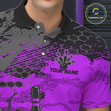 Load image into Gallery viewer, Purple and black patterned polo shirt with bowling design and 'Your Name' text, brand logo visible.