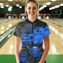 Load image into Gallery viewer, Person wearing a blue and black bowling shirt with 'YOUR NAME' on a bowling alley.