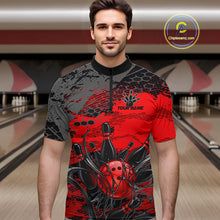 Load image into Gallery viewer, Man wearing a red and black bowling-themed shirt in a bowling alley.