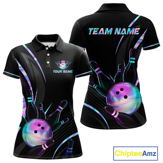 Black bowling-themed polo shirt with colorful design and 'Team Name' text on a white background.