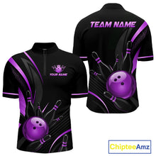 Load image into Gallery viewer, Black and purple bowling jersey with customizable text on a white background