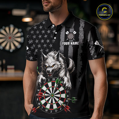 A man wearing a black short-sleeve polo shirt with a detailed graphic print of a wolf扑ing at a dartboard, featuring a US flag pattern on the sleeves and chest, with 'YOUR NAME' placeholder text on the chest.