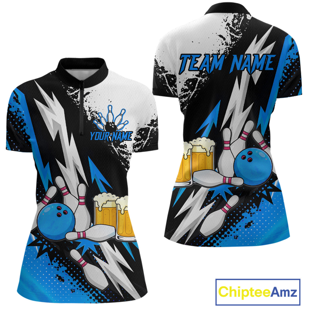 Custom Blue Beer Bowling Jersey for Women Bowling Team Shirts Bowling League Polo & 1/4 Zip HNT505