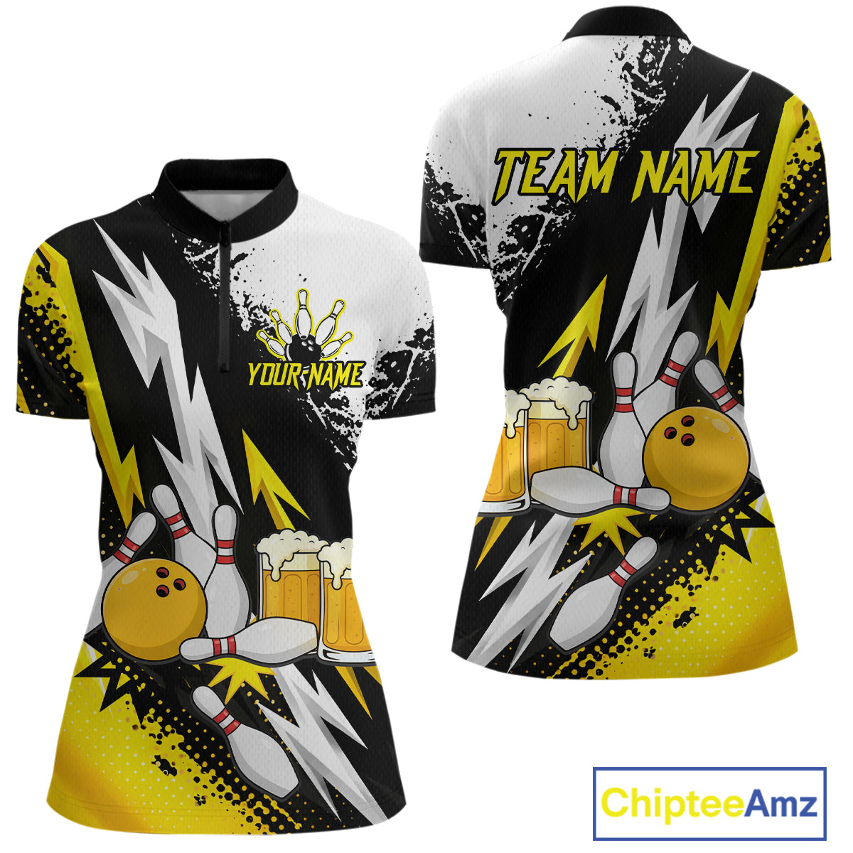 Custom Yellow Beer Bowling Jersey for Women Bowling Team Shirts Bowling League Polo & 1/4 Zip HNT505