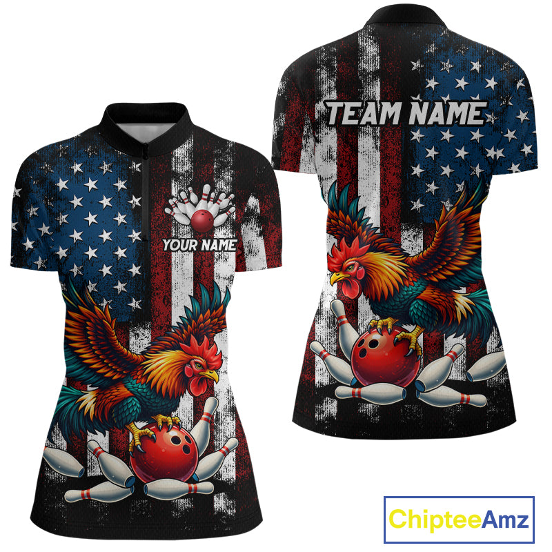 Custom Rooster US Flag Bowling Jersey for Women Bowling Team Shirts Bowling Polo & 1/4 Zip HNT259