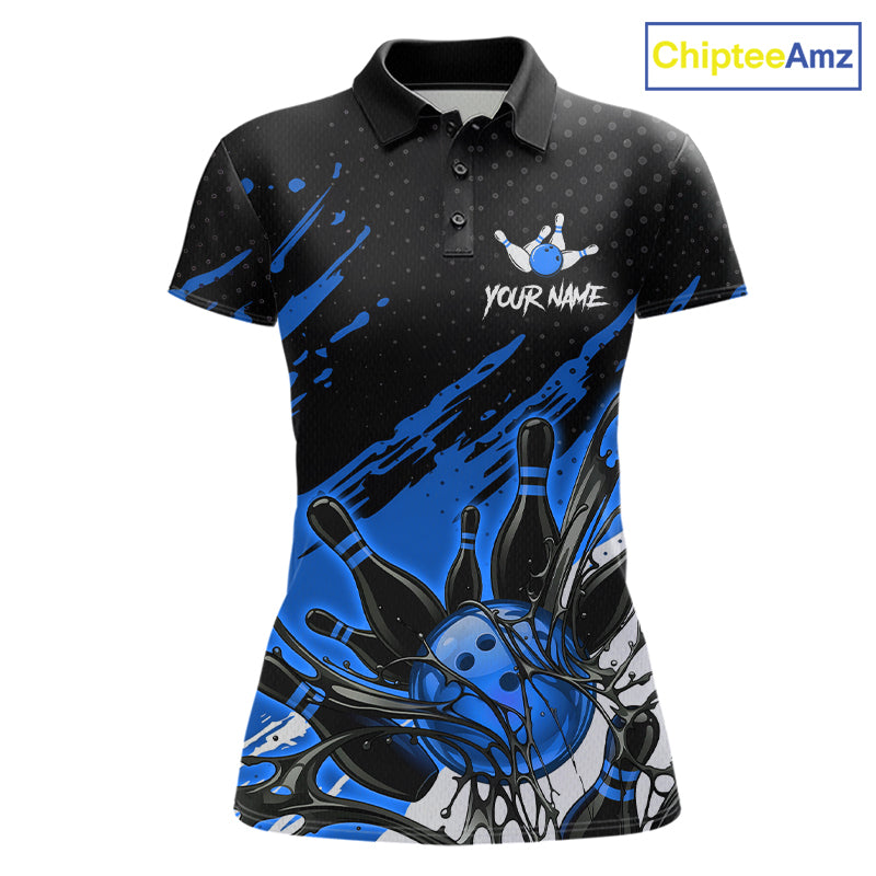 Custom Blue Bowling Jerseys For Women, Personalized Bowling Team Shirts Bowling Pin And Ball HNT283