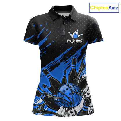 Custom Blue Bowling Jerseys For Women, Personalized Bowling Team Shirts Bowling Pin And Ball HNT283
