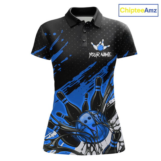 Custom Blue Bowling Jerseys For Women, Personalized Bowling Team Shirts Bowling Pin And Ball HNT283