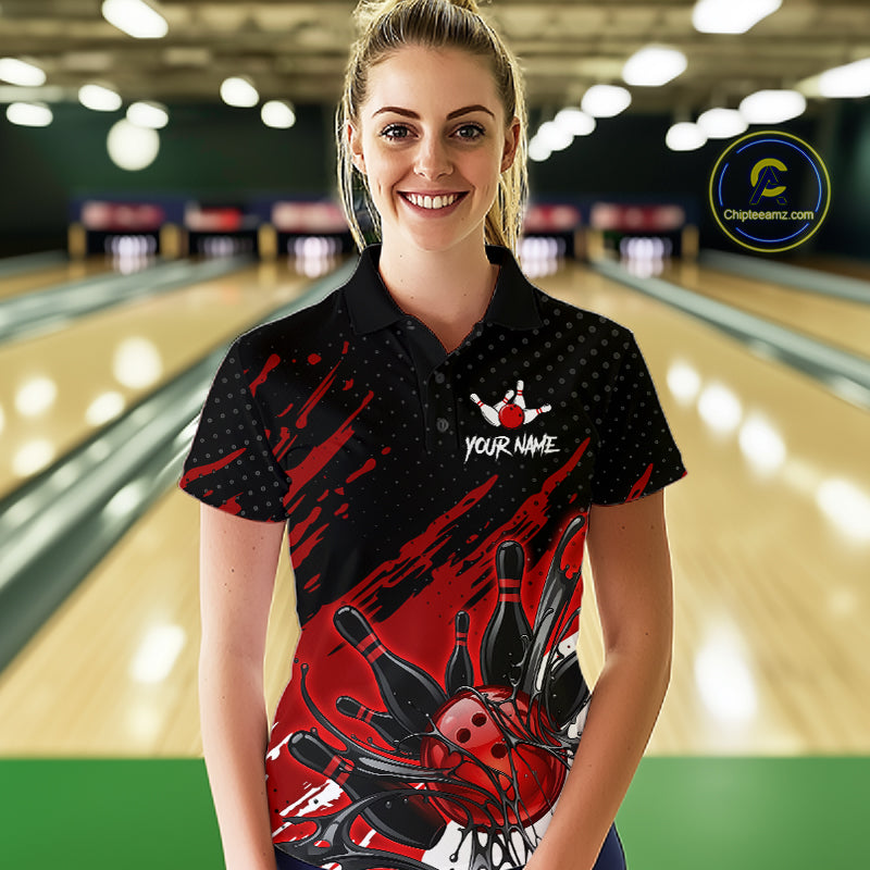 Custom Red Bowling Jerseys For Women, Personalized Bowling Team Shirts Bowling Pin And Ball HNT283