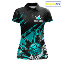 Load image into Gallery viewer, Custom Turquoise Bowling Jerseys For Women, Personalized Bowling Team Shirts Bowling Pin And Ball HNT283