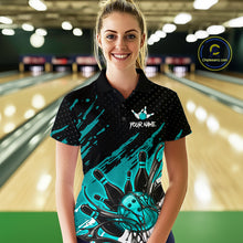 Load image into Gallery viewer, Custom Turquoise Bowling Jerseys For Women, Personalized Bowling Team Shirts Bowling Pin And Ball HNT283