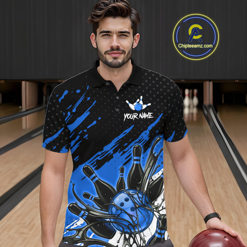 Custom Blue Bowling Jerseys For Men, Personalized Bowling Team Shirts Bowling Pin And Ball HNT283