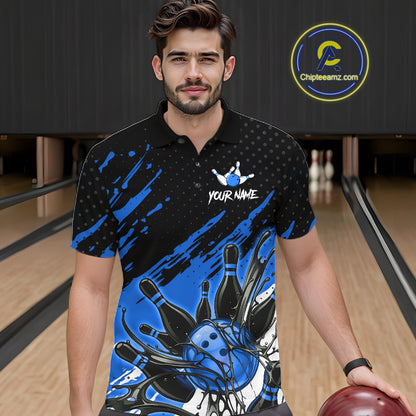 Custom Blue Bowling Jerseys For Men, Personalized Bowling Team Shirts Bowling Pin And Ball HNT283
