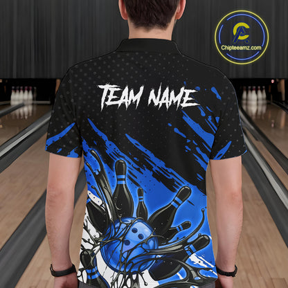 Custom Blue Bowling Jerseys For Men, Personalized Bowling Team Shirts Bowling Pin And Ball HNT283