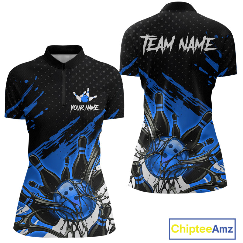 Custom Blue Bowling Jerseys For Women, Personalized Bowling Team Shirts Bowling Pin And Ball HNT283