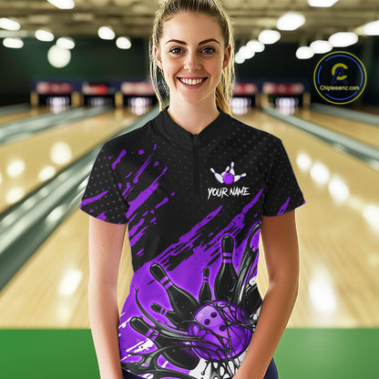 Custom Purple Bowling Jerseys For Women, Personalized Bowling Team Shirts Bowling Pin And Ball HNT283