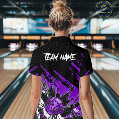Custom Purple Bowling Jerseys For Women, Personalized Bowling Team Shirts Bowling Pin And Ball HNT283