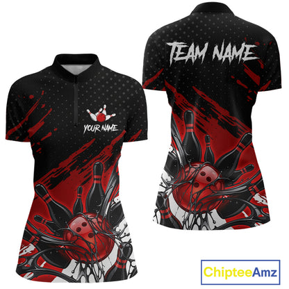 Custom Red Bowling Jerseys For Women, Personalized Bowling Team Shirts Bowling Pin And Ball HNT283