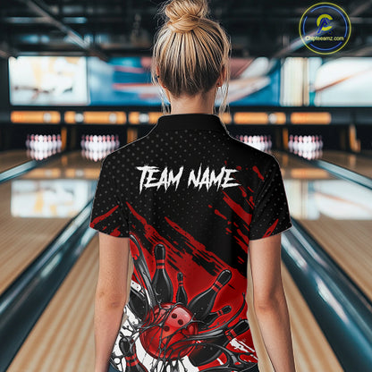 Custom Red Bowling Jerseys For Women, Personalized Bowling Team Shirts Bowling Pin And Ball HNT283