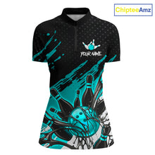 Load image into Gallery viewer, Custom Turquoise Bowling Jerseys For Women, Personalized Bowling Team Shirts Bowling Pin And Ball HNT283