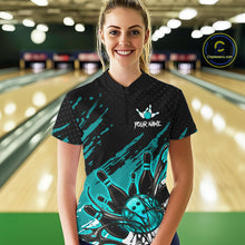 Load image into Gallery viewer, Custom Turquoise Bowling Jerseys For Women, Personalized Bowling Team Shirts Bowling Pin And Ball HNT283