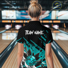 Load image into Gallery viewer, Custom Turquoise Bowling Jerseys For Women, Personalized Bowling Team Shirts Bowling Pin And Ball HNT283
