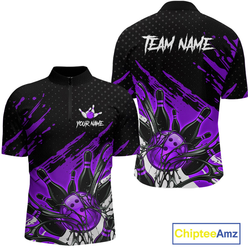 Custom Purple Bowling Jerseys For Men, Personalized Bowling Team Shirts Bowling Pin And Ball HNT283