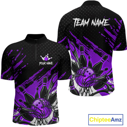 Custom Purple Bowling Jerseys For Men, Personalized Bowling Team Shirts Bowling Pin And Ball HNT283