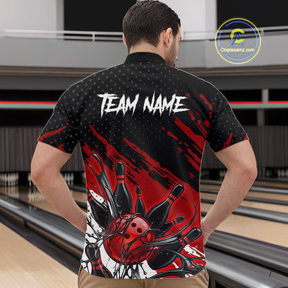 Custom Red Bowling Jerseys For Men, Personalized Bowling Team Shirts Bowling Pin And Ball HNT283