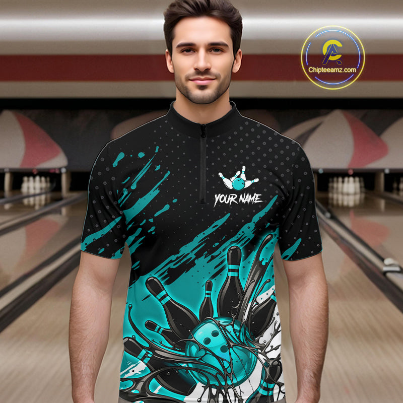 Custom Turquoise Bowling Jerseys For Men, Personalized Bowling Team Shirts Bowling Pin And Ball HNT283