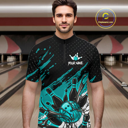 Custom Turquoise Bowling Jerseys For Men, Personalized Bowling Team Shirts Bowling Pin And Ball HNT283