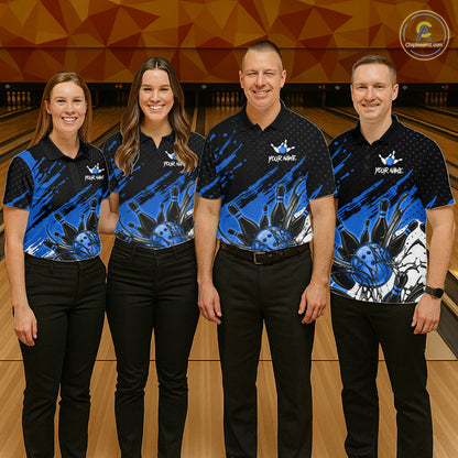 Custom Blue Bowling Jerseys For Men, Personalized Bowling Team Shirts Bowling Pin And Ball HNT283