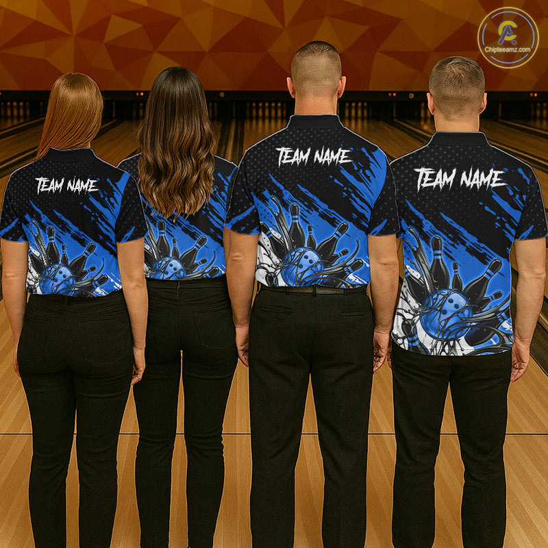 Custom Blue Bowling Jerseys For Women, Personalized Bowling Team Shirts Bowling Pin And Ball HNT283
